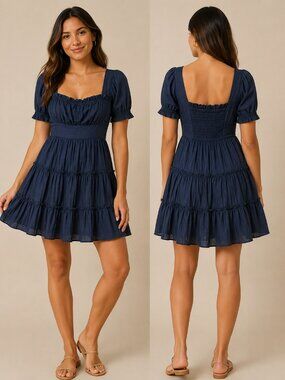 NWT Blu Pepper Bella Navy Mini Dress Small Puff Sleeve Tiered Smocked